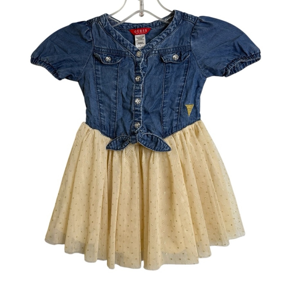 GUESS Girls’ Denim and Tulle Dress Blue and Cream Size 2